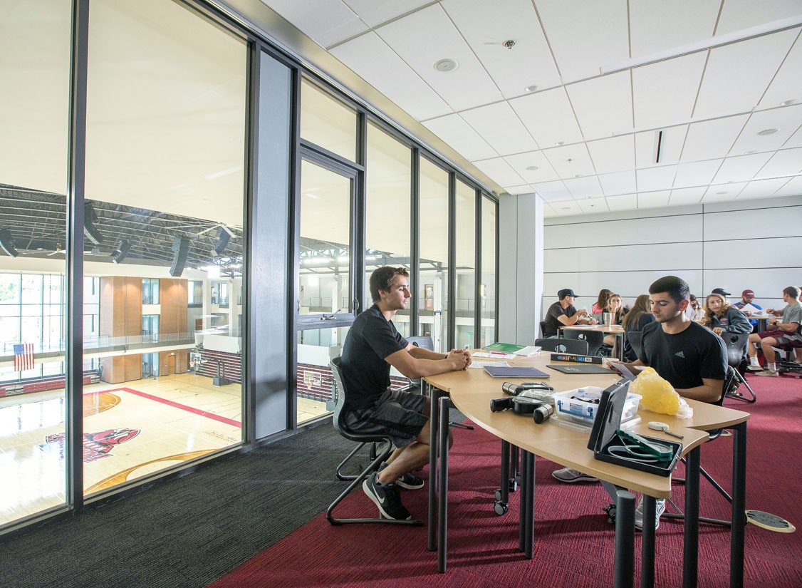 Depending on the needs of the College, classrooms overlooking the Arena can double as a study / lecture area for the HHP department or a dining / reception space for students, athletes, donors, or community members on game days.
